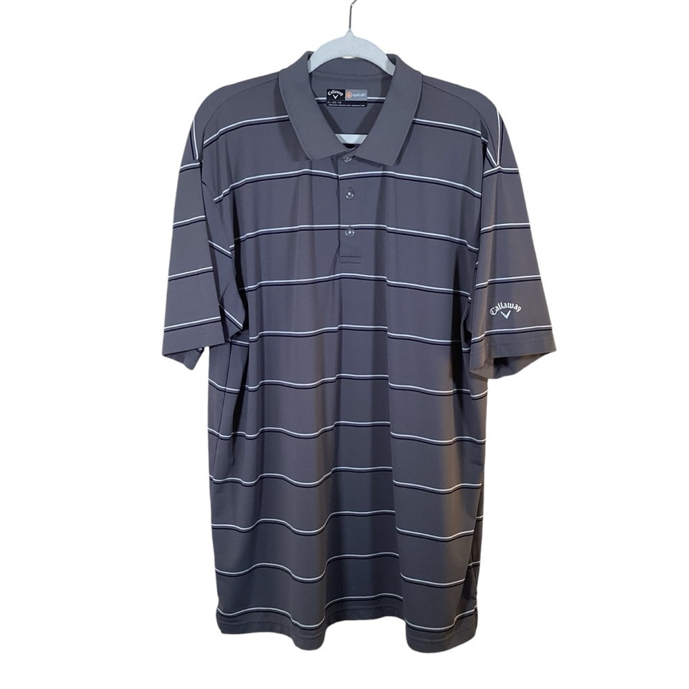 Callaway Opti Dry Men’s Gray/Blue/White Striped Short Sleeve Golf Polo.  Size XL